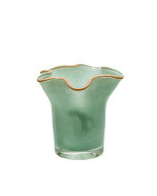 Grön och beige Ebba ljuslykta i glas, 10×9 cm, dekorativ detalj för bord, hylla eller fönster.