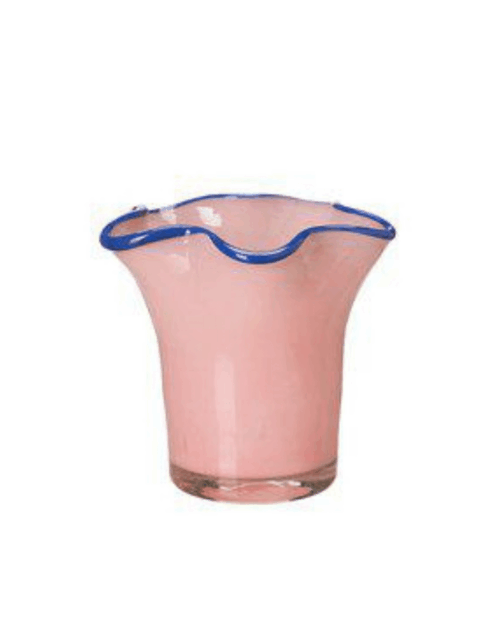 Rosa och blåa Ebba ljuslykta i glas, 10×9 cm, dekorativ detalj för bord, hylla eller fönster.