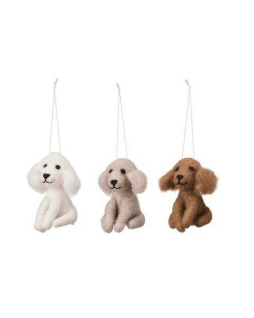 Litet hundhänge i polyester i vitt, beige eller brunt, söt dekorativ hund för påskris eller inredning.
