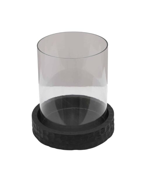 Ljuslykta i glas på en rund tr base av svart trä. Passar för kubbelys. Produktdetaljer: Storlek: Ø 19, H: 22 cm Material: Glas och trä Designad av Halvor Bakke
