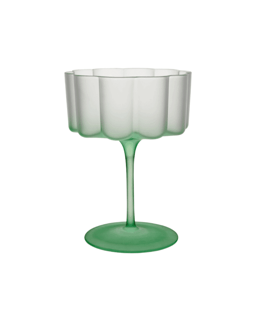 Munblåst cocktail- och dessertglas i frostat glas med vågig skål och grön fot – LILLIE glas.