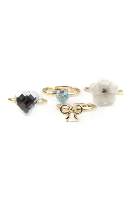 Boutique Sassy ringset för barn med 4 justerbara ringar i guldton med rhinestones, blomma och rosett