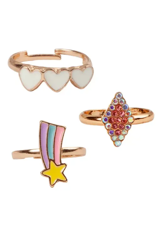 Boutique Heart Star ringset för barn med 3 justerbara roséguld ringar i stjärna, hjärta och diamantdesign