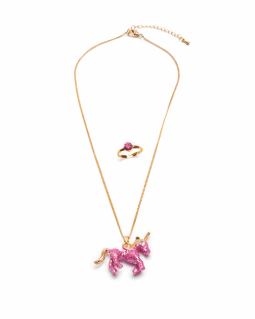 glitter pink unicorn halsband ring barn. Glittrigt enhörningshalsband med matchande knallrosa ring för barn, säker för lek