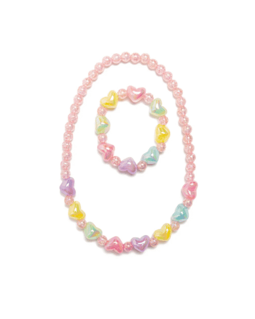 Färgglatt barnhalsband och armband med ljusrosa pärlor och flerfärgade hjärtformade pärlor