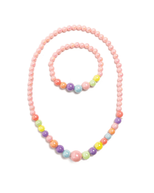 .Pastellpärlsmyckeset med ljusrosa och flerfärgade pärlor. Perfekt för barn 3+ som vill ha lekfulla och färgglada halsband och armband. Barnhalsband och armband med ljusrosa och flerfärgade pärlor i pastellfärger