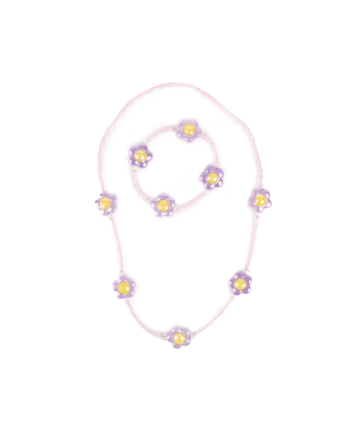 Barnsmycken med ljusrosa pärlor och lila prästkragehängen i halsband och armband set
