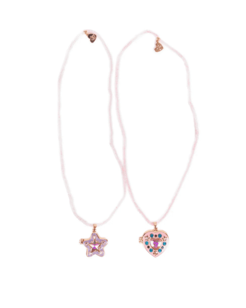 Barnhalsband med rosa pärlor och hängen i form av hjärta och stjärna med dold glittrande pärla