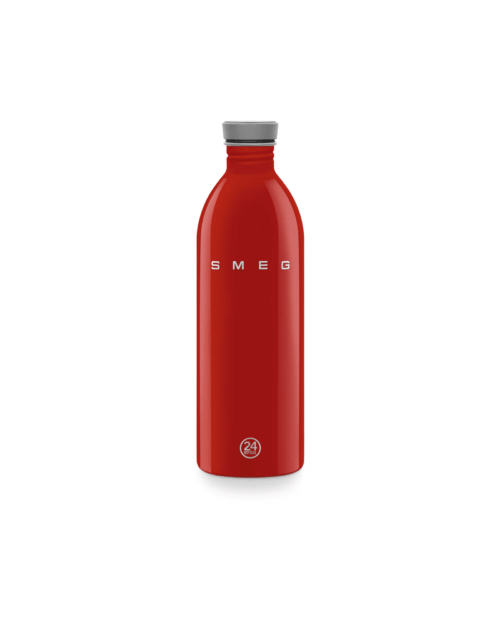 Röd Urban Bottle 1 liter i rostfritt stål med högblank finish och läckagesäkert silikonlock från Smeg x 24Bottles