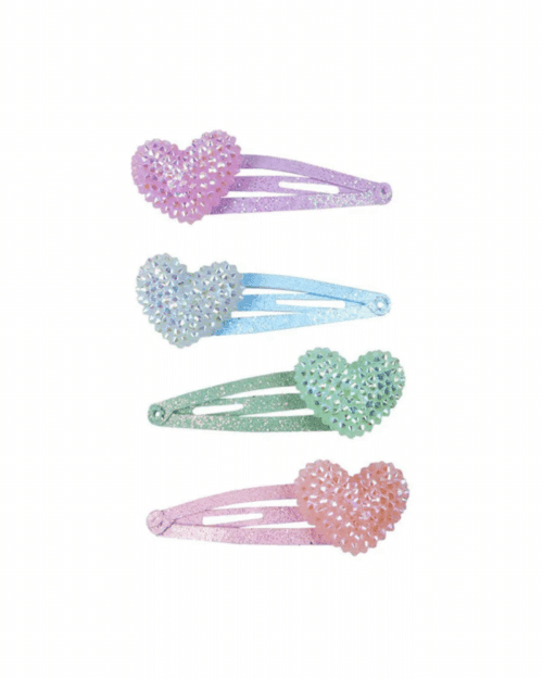Fyra hjärtformade hårspännen i glittrande rosa, lila, mint och blått, mix & match för barn från 3 år och uppåt.